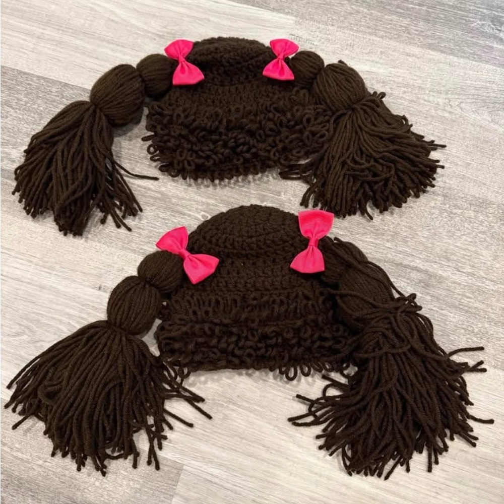 Cabbage Patch Brown Knit Hat with Pink Bows for Toddlers